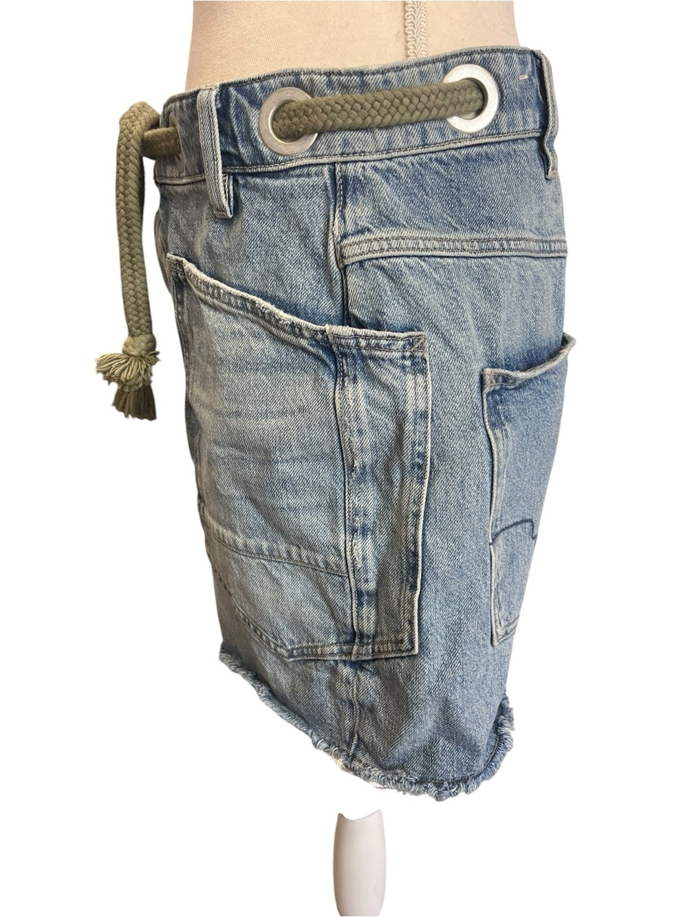 We The Free Light Blue Denim High Waist Shorts with Olive Rope Belt - Picture 6 of 9
